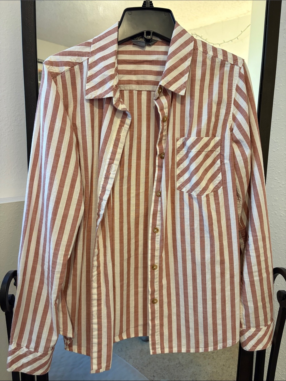 Women’s Striped Button-Up Shirt in Rust and White